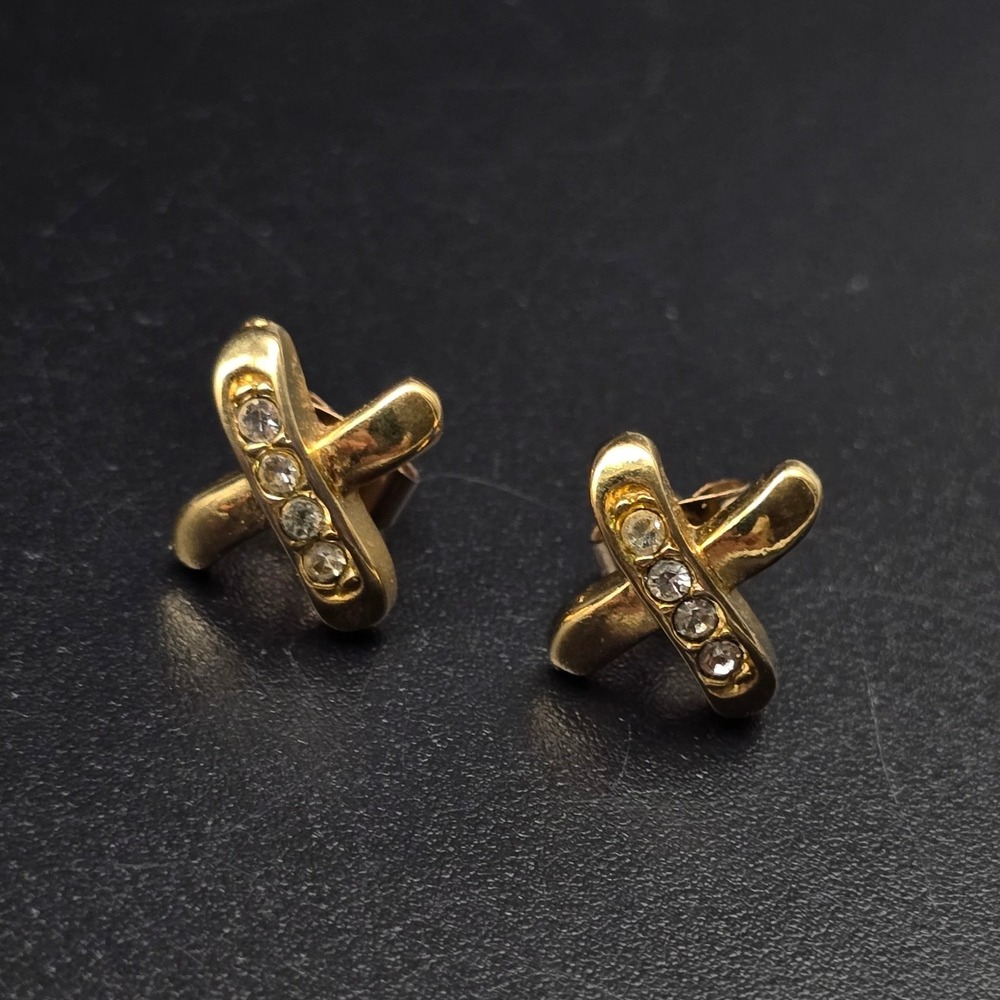 Avon 1992 Sparkle Kiss Earrings Gold Tone X Rhinestone Studs Vintage Jewelry